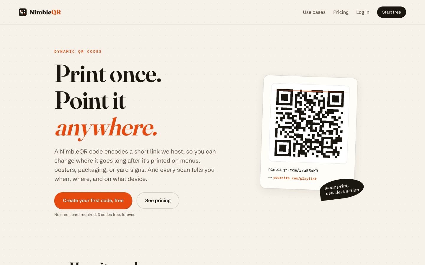 Forsiden til NimbleQR, med en QR-kode og overskriften «Print once. Point it anywhere.»